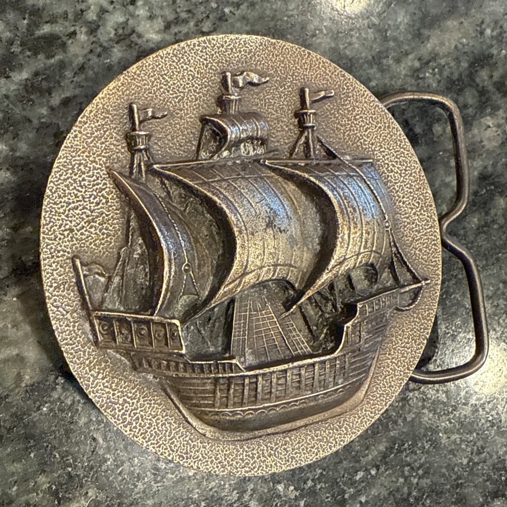 VTG Bergamot Brass Clipper Ships Belt Buckle USA Made Sailing Nautical 1975 Sail