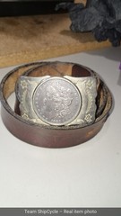 Vtg Nickel Silver 1883 Morgan Dollar Leather Belt And Buckle 395 Long G2U