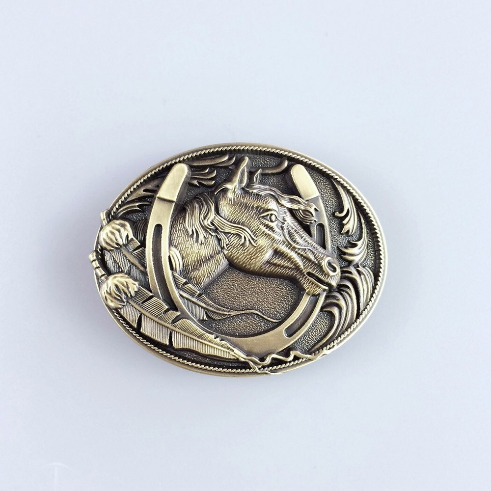 Vintage Bronze Plated Western Horse Horseshoe Oval Belt Buckle