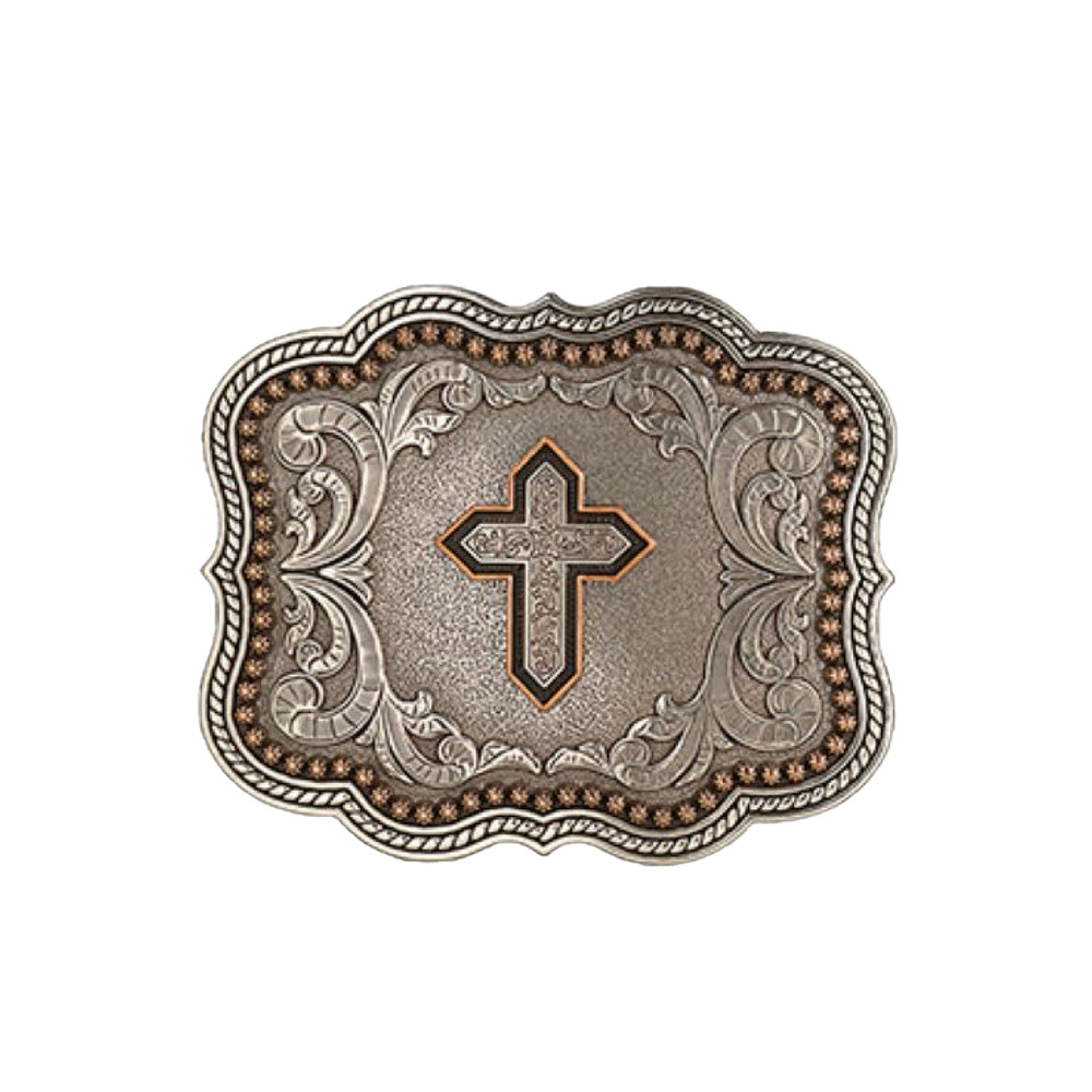 Nocona® Men&rsquo;s Scalloped Copper Cross Antique Silver Buckle 37911