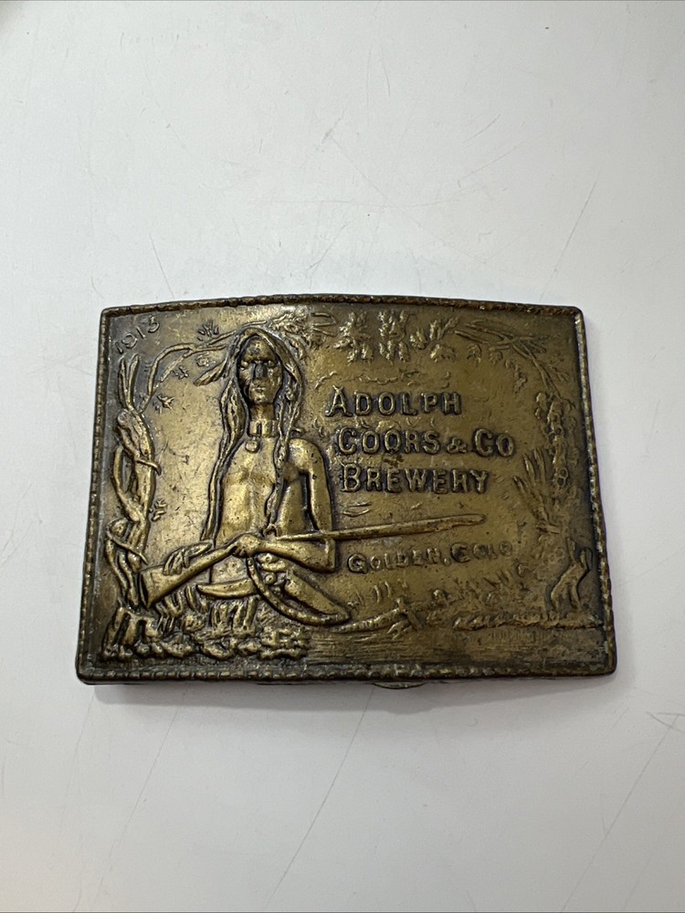Vintage 1970s Brass Adolph Coors Beer Brewery Large Belt Buckle Native American