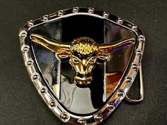 Long Horn Bull Steer Cow Black Stripe On Reflective Shield Pattern Belt Buckle