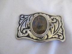 Western Cabochon Belt Buckle Silve Tone Metal Oval Stone Scrolled Metal