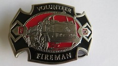 VOLUNTEER FIREMAN Belt Buckle Fire Truck Black Red Enamel F.D.
