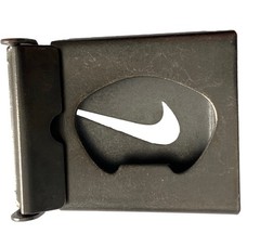 Nike Gun Metal Belt Buckle Cutout Swoosh Logo SilverTone Beer Opener 2.5×1.75”