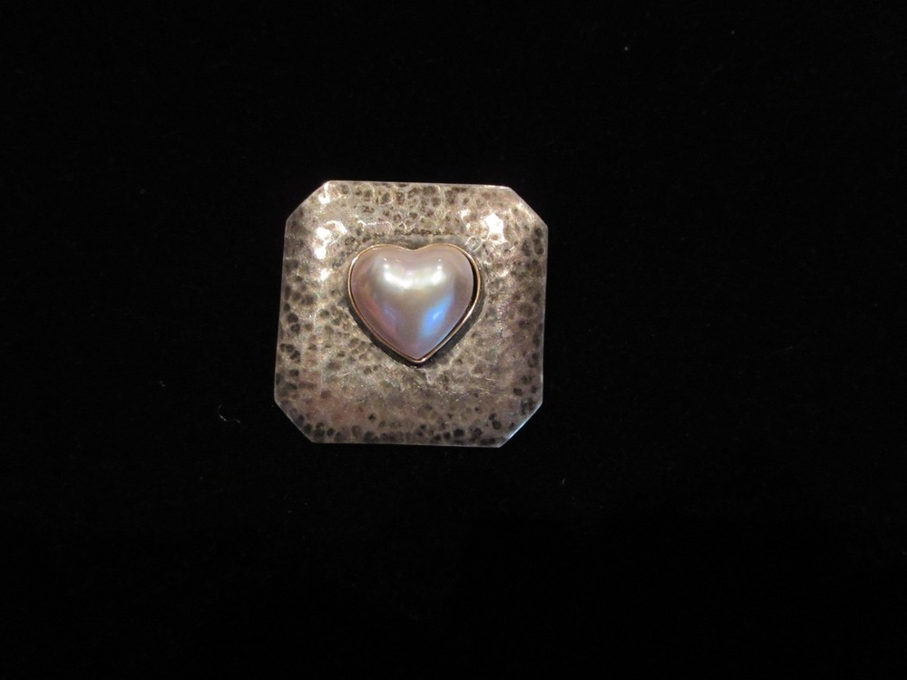 Vintage Buckle Sterling Silver 14K Gold Mother of Pearl Heart Shape Hand Made
