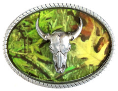 New Skull Bull Steer Cow Belt Buckle Green Camo Background in Package