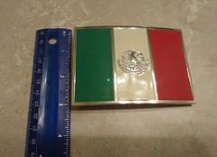 Mexico Mexican Flag Red White Green Eagle Coat of Arms Silver Belt Buckle