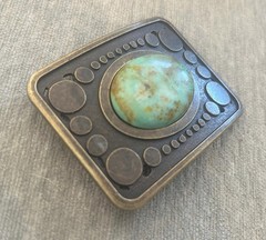 Vintage Teal Stone Belt Buckle Antique Gold Bronze Brass Turquoise Agate Inlay