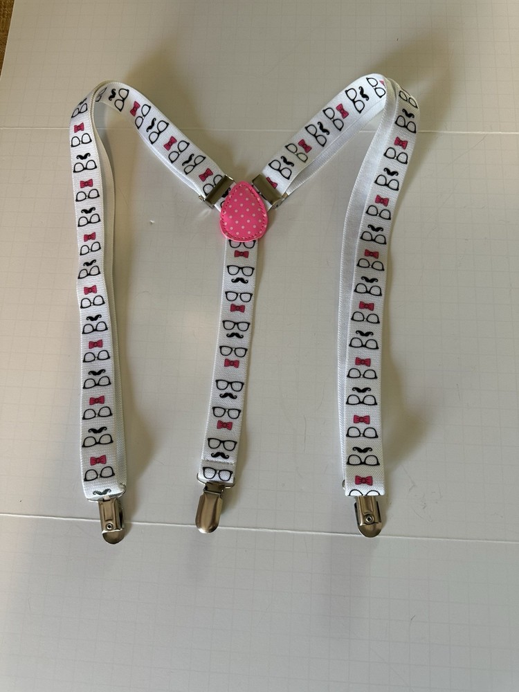 Child/Tween Unisex Suspenders White with Glasses, Mustaches and Bow Ties