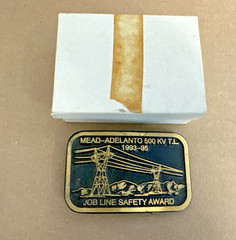 Vtg Solid Brass Belt Buckle Mead-Adelanto 500 KV T.L. Job Line Construction Dyna
