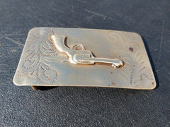Vintage Western Brass Belt Buckle Embossed Revolver Gun Pistol Solid Bar RARE