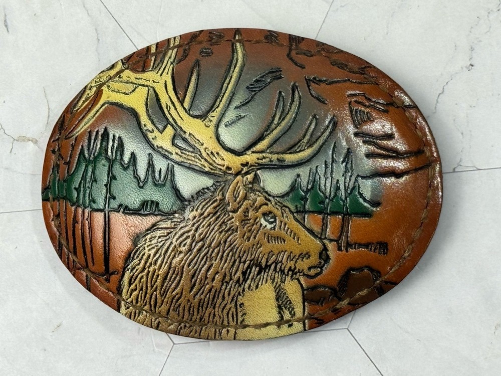 Vintage Torel Belt Buckle Leather Hand Tooled & Painted Elk or Deer 3747 Texas