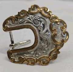DALE CHAVEZ DESIGN BY VTG BELT BUCKLE SILVER W/COPPER EDGE 2.5&Prime; X 2.5&Prime; SIGNED