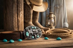 Men Western Buckle Dark Silver Metal Revolver Pistol Gun Feather Bull Turquoise