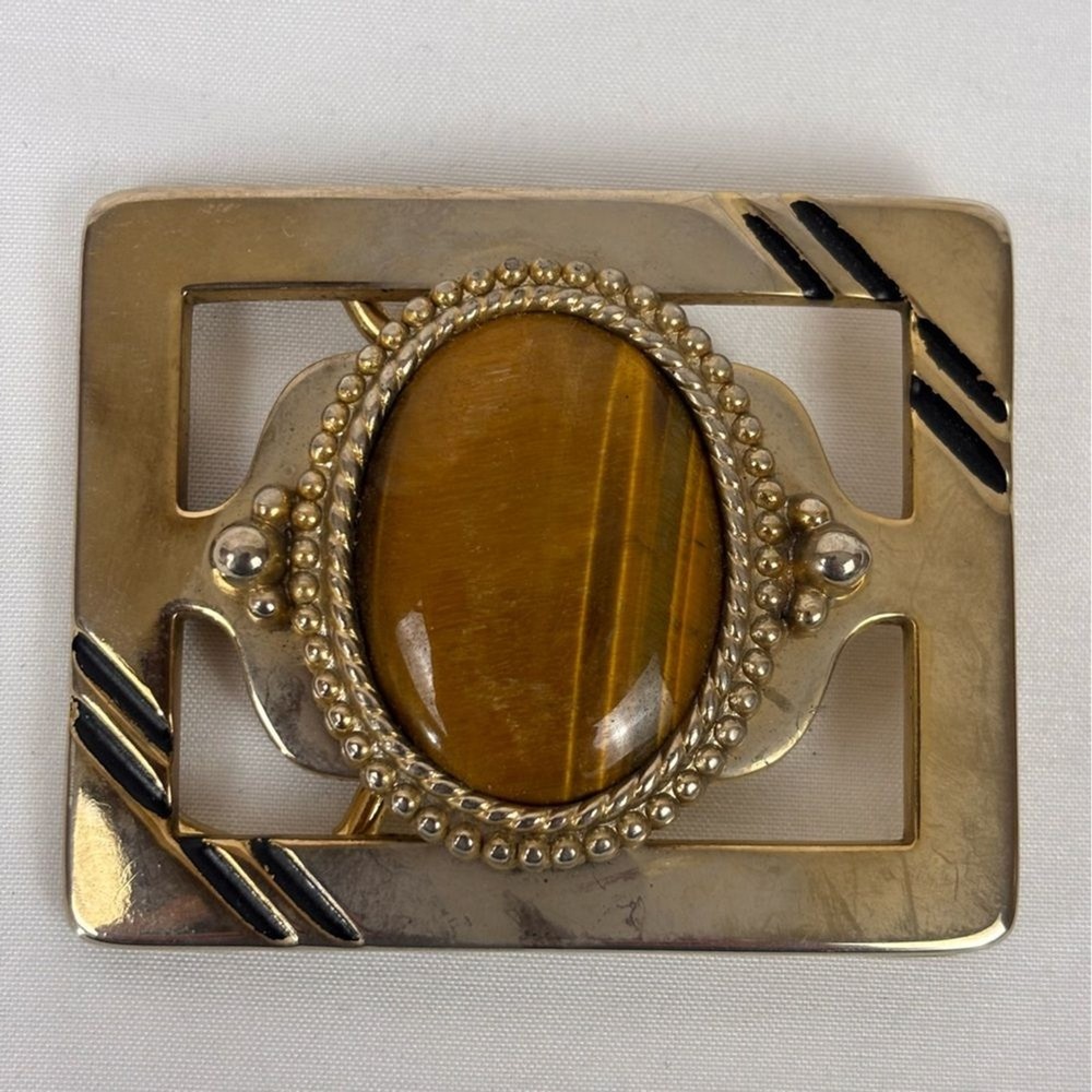 Vintage Belt Buckle Tiger&rsquo;s Eye Gemstone 70&rsquo;s 80&rsquo;s Western Ornate Southwestern