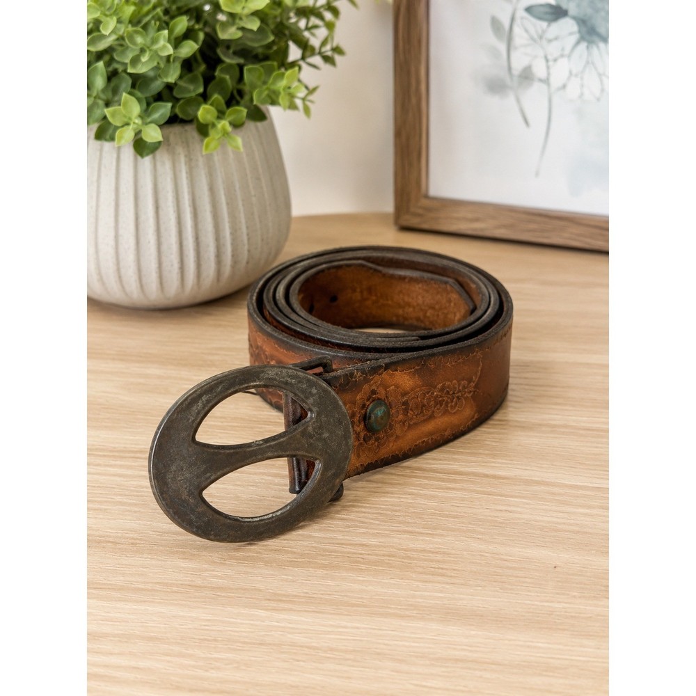 Vintage Tooled Brown Leather Belt Large Oval Metal Buckle Western Boho 46.75
