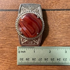 Vintage Western Belt Buckle Carnelian Agate Stone Silver Tone Floral Engraving