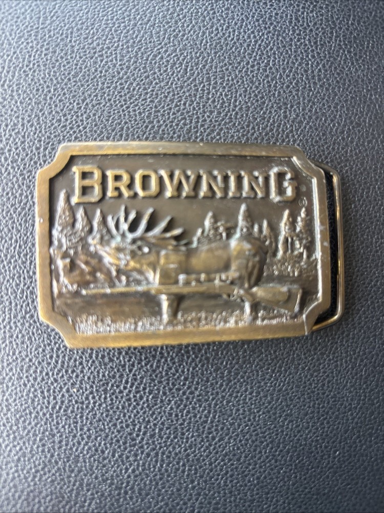 Vtg Browning 1977 Belt Buckle Moose Buck Rifle Hunting Indiana Metal Craft K4