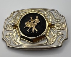 Western White Enamel Gold Tone Belt Buckle Couple Dancing Dance Floral Scroll