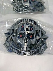 Lucky 13 Tattoo Your Soul Reproduction Skeleton Skull Head Belt Buckle Lot of 3