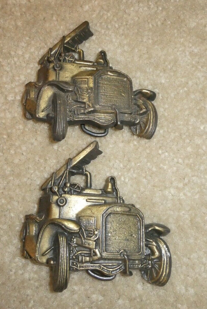 Lot of 2 Vintage 1970s Brass Ladder Fire Truck Belt Buckles 3 1/4&Prime; Wide