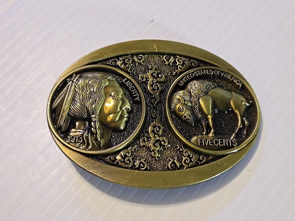 WESTERN BUFFALO NICKEL 5 CENTS Metal Belt Buckle (BRASS LOOKING)