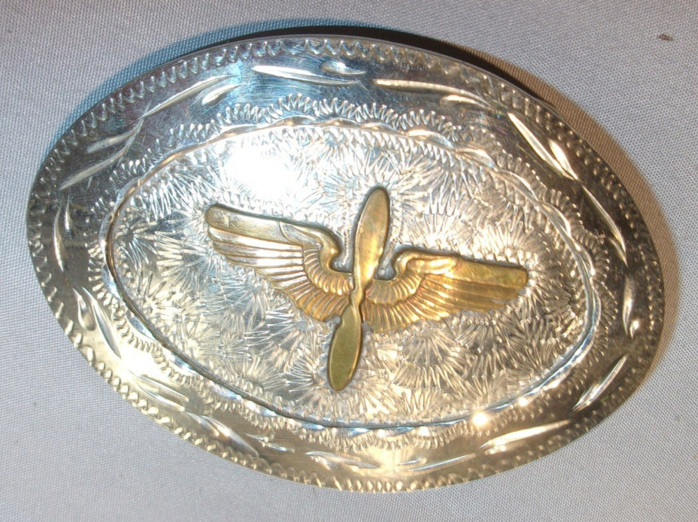 1942 U.S. ARMY AIR CORPS FORCE AVIATION WING PROPELLOR SILVER & GOLD BELT BUCKLE