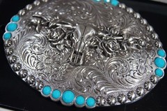 Blazin Roxx Western Oval Longhorn Roses Buckle Silver belt buckle 37959
