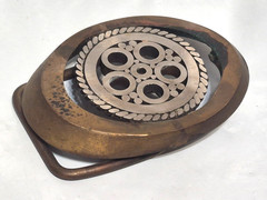 Vtg Handcrafted Silver Tone & Brass Oval Openwork Geometric Circle Belt Buckle