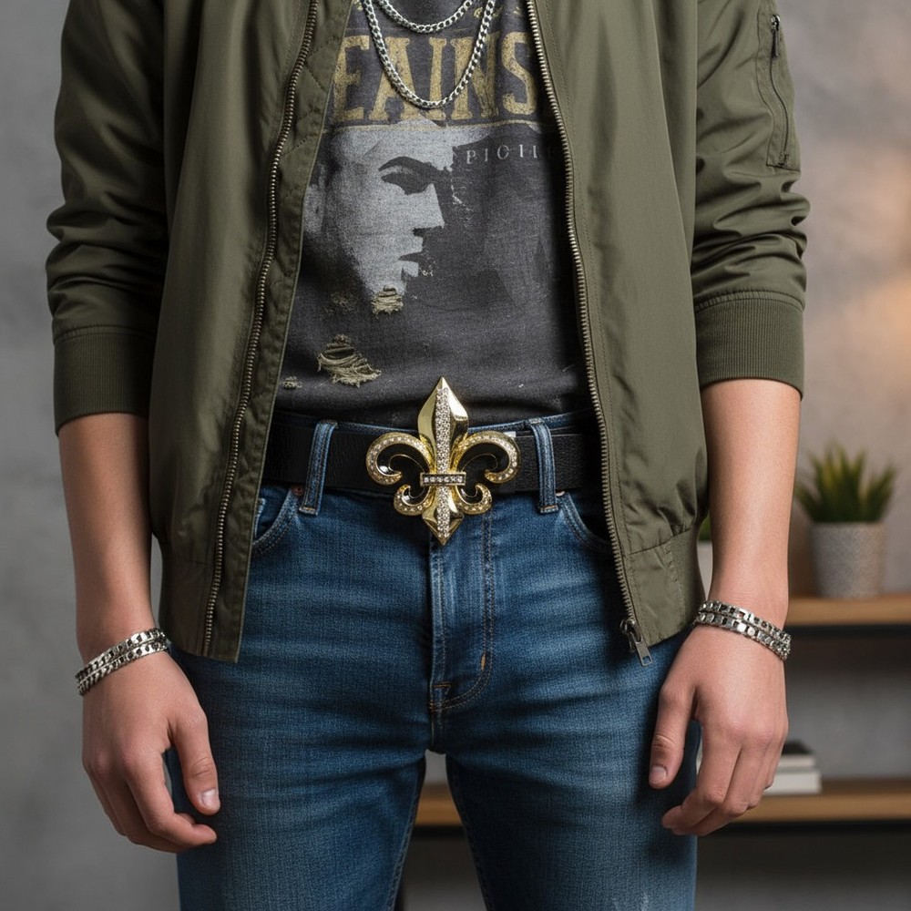 NEW Men Gold Metal Belt Buckle Fashion Bling Big Fleur De Lis Biker Accesssory