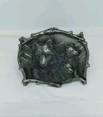 Vtg. Great American Products Pewter 3 Wolves Belt Buckle. Intricate. Heavy
