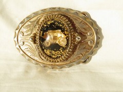 Belt Buckle Western Style Gold Tone Oval Stage Coach Gold Flake Inlaid Vintage
