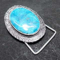 Handmade Silver Plated Belt Buckle with Natural Turquoise Stone- Western Vintage
