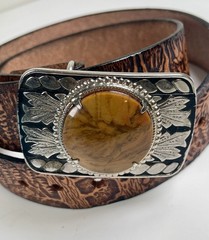 Vtg Tooled Leather Western Belt & Brown Stone BUCKLE 30/34 Small Deer Woods USA