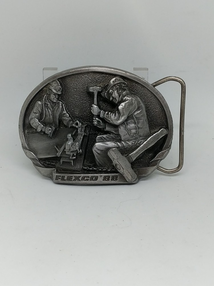 Vintage Flexco Belt Buckle Mens One Size Pewter Mining Miner 1988 80s Promo