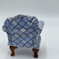 Vintage Doll House Upholstered Arm Chair Checker Stripes White Blue Print READ