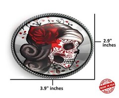 Sugar Skull Tattoo Belt Buckle – Day of the Dead Silver Oval Buckle – 73-2-SO