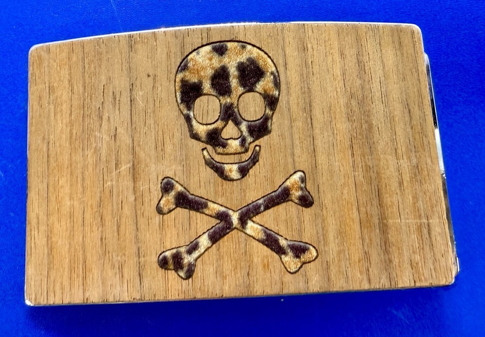 Skull & Crossed Bones Pirate Flag Poison Sign Biker Punk Vibe Wooden Belt Buckle