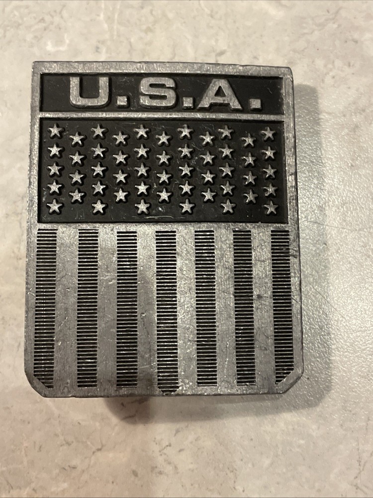 Vintage Belt Buckle American Flag Solid Pewter United States U.S.A. 2.75×2.25”