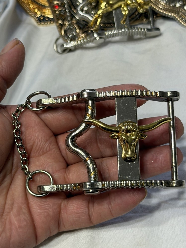 Western Chain Bit Bull Head Design Silver Tone with Gold Accent Curb Chain