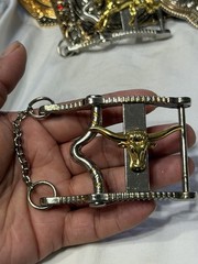 Western Chain Bit Bull Head Design Silver Tone with Gold Accent Curb Chain