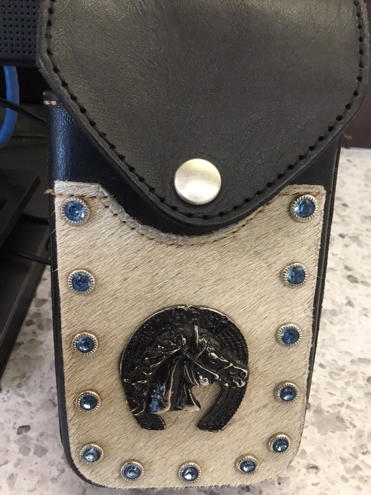 Leather Belt Attachment WESTERN COWHIDE HORSE HORSESHOE BLUE STONES-NICE!!
