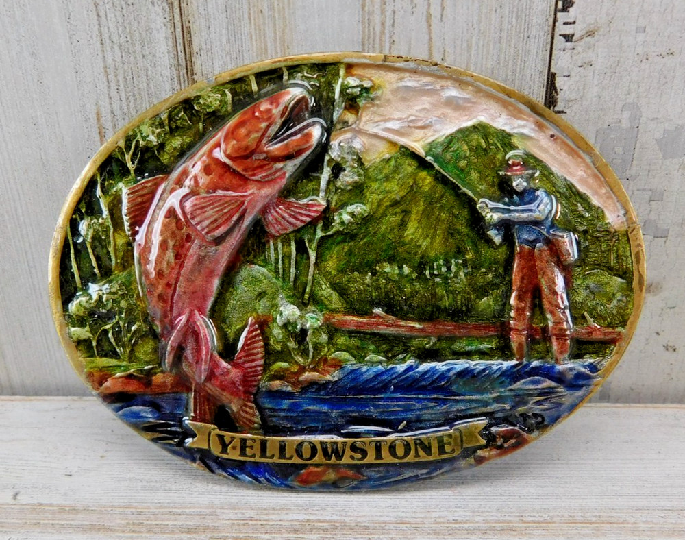 Vtg 1987 Yellowstone Colorado Silver Star Pewter Belt Buckle Made In USA Angler