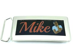 Adjustable Silver Belt Buckle Personalized Custom Black Letters Any Name or Word