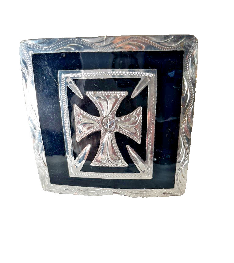 Western Mens Belt Buckle 3.25 x 3 in Southern Cross Cowboy Black Silver 1.5