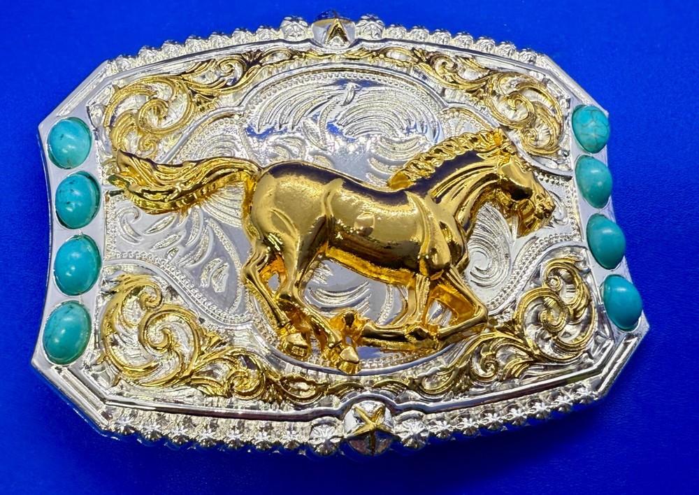 Running Galloping Mustang Stallion Horse W/ Faux Turquoise Stones Belt Buckle