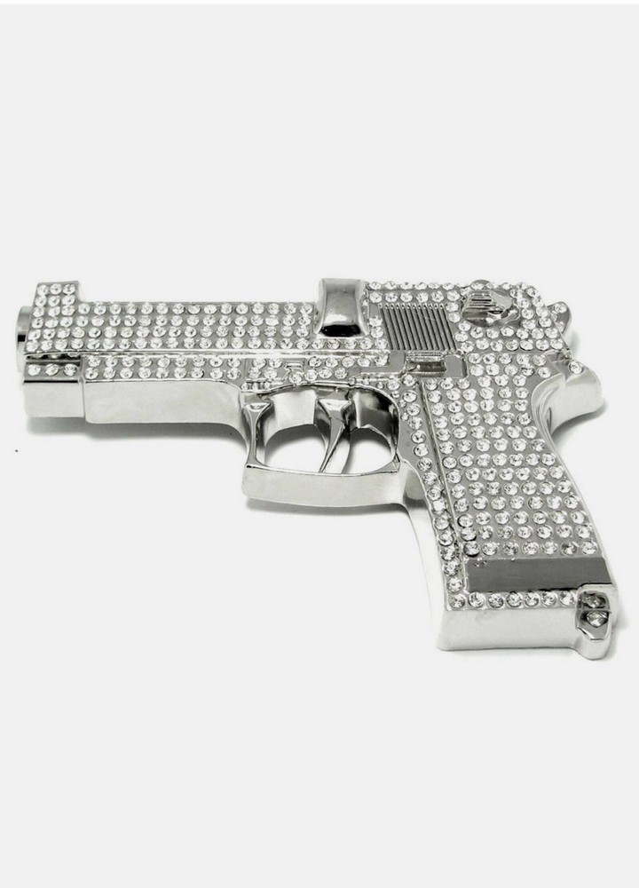 Gun Belt Buckle Iced Style Silver Metal Full of Rhinestones Revolver Pistols Men