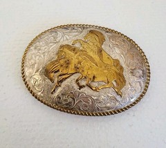 🐎CRUMRINE WESTERN BELT BUCKLE WILD HORSES OVAL SILVERPLATE ON BRONZE🐎