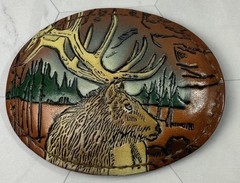 Vintage Torel Belt Buckle Leather Hand Tooled & Painted Elk or Deer 3747 Texas